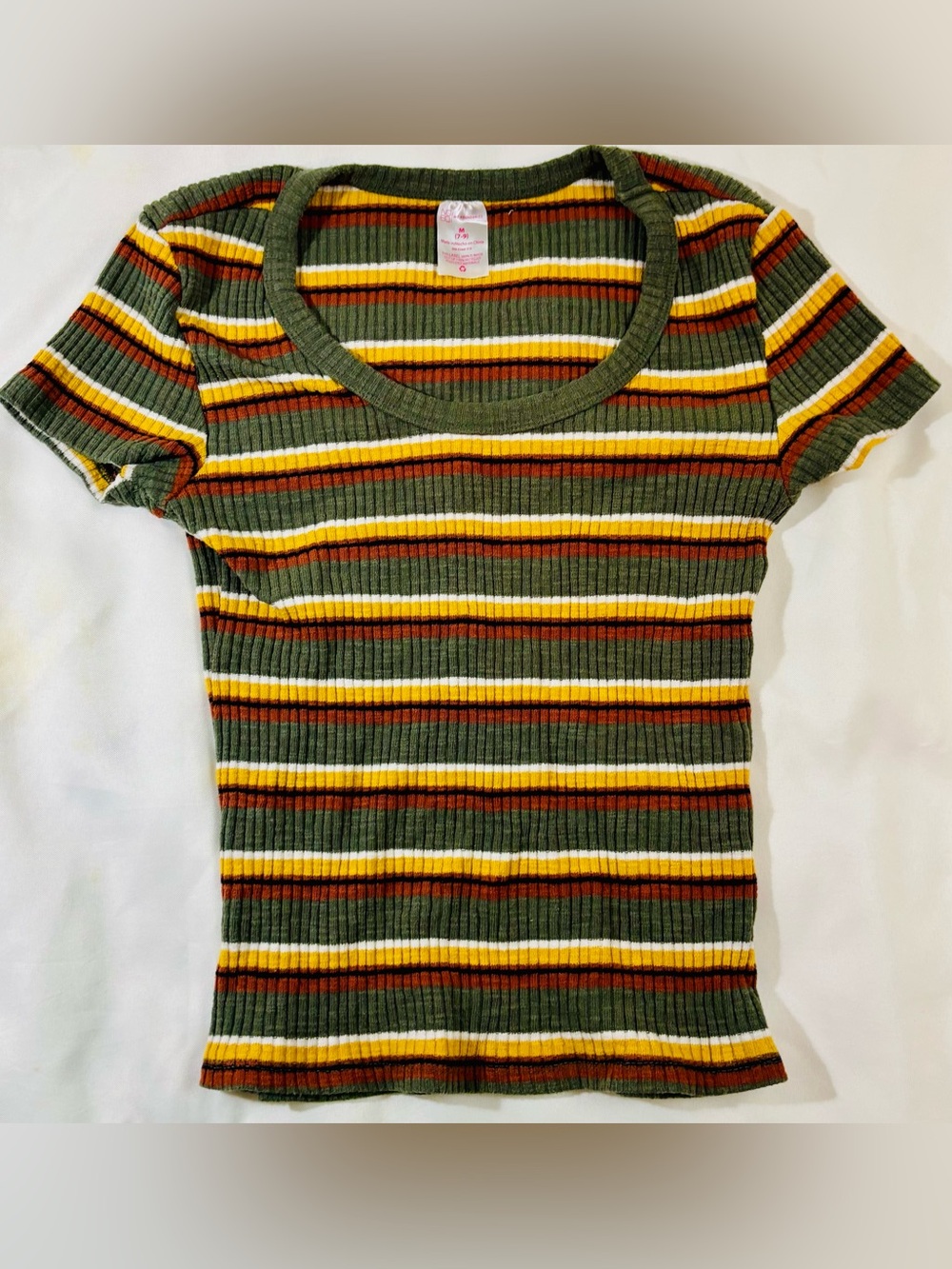 No Boundaries Size M 7-9 Ribbed Striped Tee Olive Green Yellow Rust 90s Y2K
